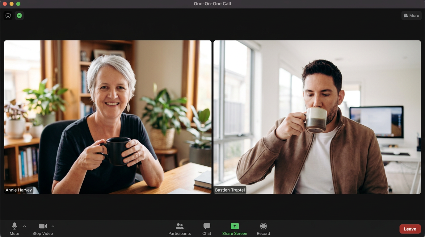 Two speakers on a one-on-one online coffee call