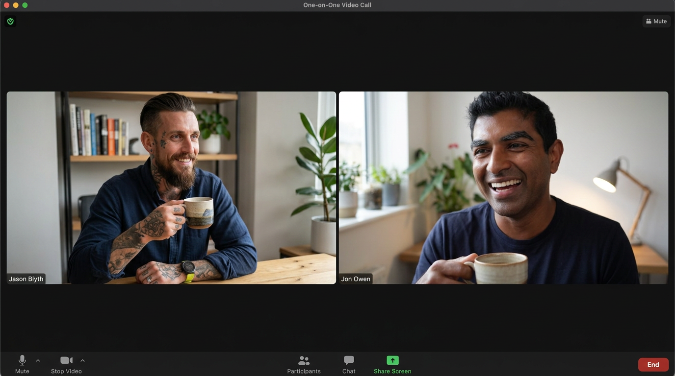 Two speakers on a one-on-one online coffee call